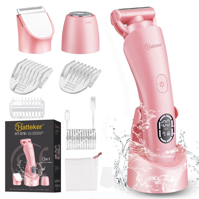Hatteker Women's Electric Shaver Bikini Trimmer Hair Trimmer for Women Electric Razor for Legs Bikini Underarm Public Hairs Led Display IPX7 Waterproof Gift for Women (Pink)